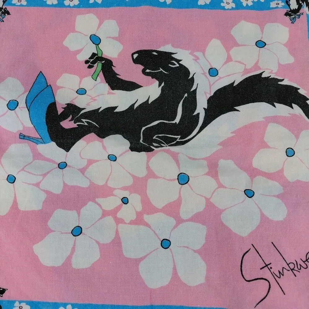 VTG Tablecloth 1960s Kitschy Skunk Dog Cotton Dogwood Stinkweed Pastel Unique